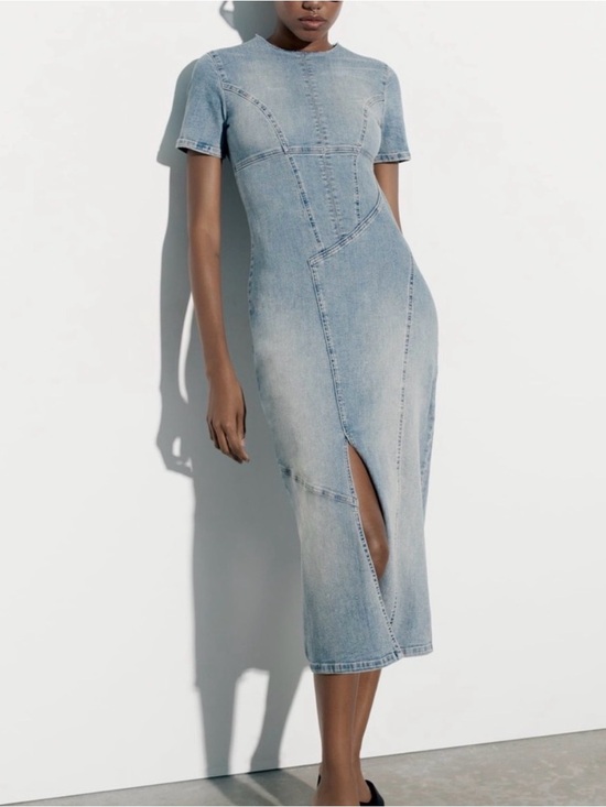 Zara Dresses & Skirts - NWT Zara TRF Light Blue Denim Midi Dress with Front Slit